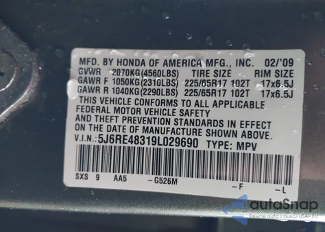 2009 Honda Cr-V Lx из США, поврежденный, VIN 5J6RE48319L029690